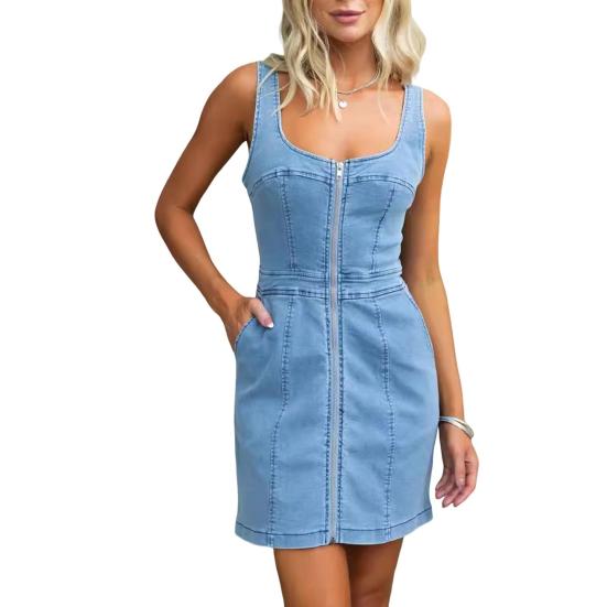 Women's Sleeveless Denim Dress Zipper Front Mini Jean Dress Summer Casual Tank Denim Dress with Pockets