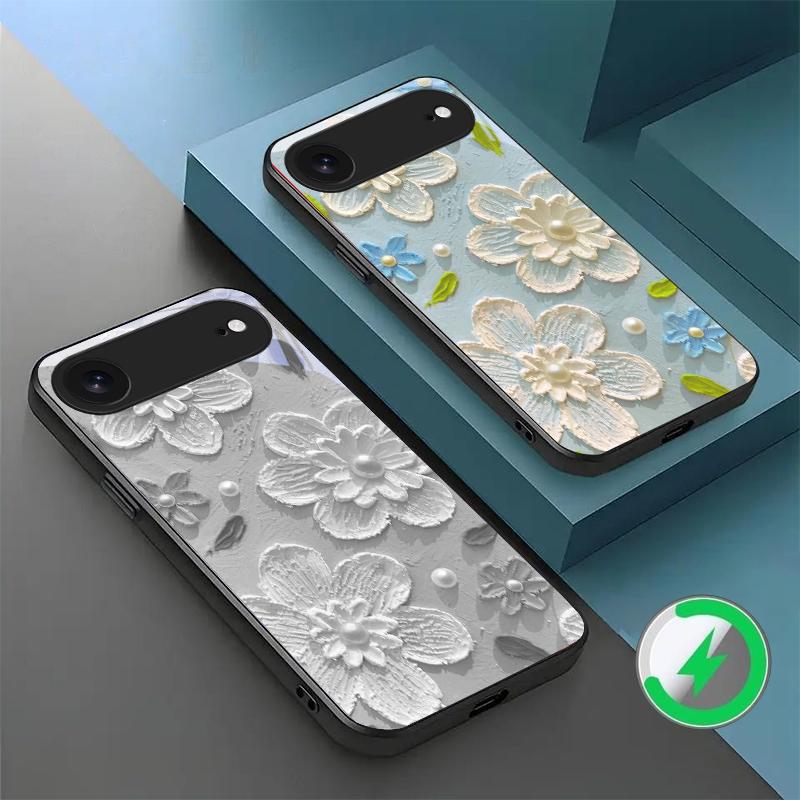 Cream Rice White Petals Suitable for iPhone 17 Pro Max 16E 15 Pro 14 13 Plus 12 Mini 11 XR Xs 7 8 16 Air Black Glass Phone Case