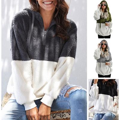 Autumn and Winter New Color-blocking Sweater Women European and American Women's Plush Long-sleeved Zipper Warm Hoodie