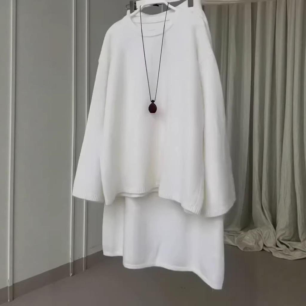 Cross-border European and American women's clothing fashion temperament round neck long sleeve simple loose knitted sweater straight skirt set