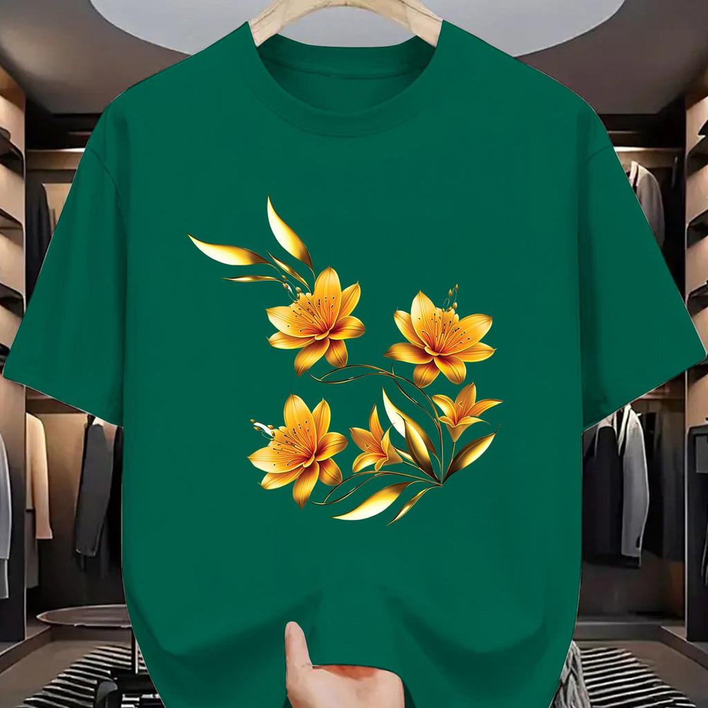 Golden Floral Print Mens Cotton Graphic Tee Casual Short Sleeve TShirt Breathable Summer Fashion
