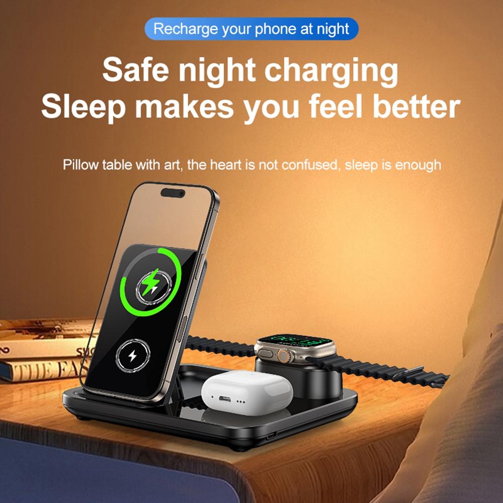 3 in 1 Folding Desktop Phone Wireless Charger for Smartwatch/Earbuds Charging Station with Silicone Cable Tie
