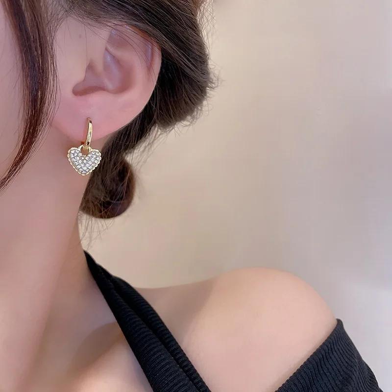 New Exquisite Fashion Zircon Heart Drop Dangle Earrings for Women Temperament Gold Color Crystal Hoop Korean Jewelry Accessories