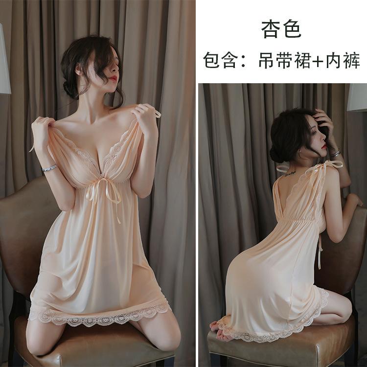 Erotic underwear women's large size European and American sexy pajamas deep transparent mesh nightgown