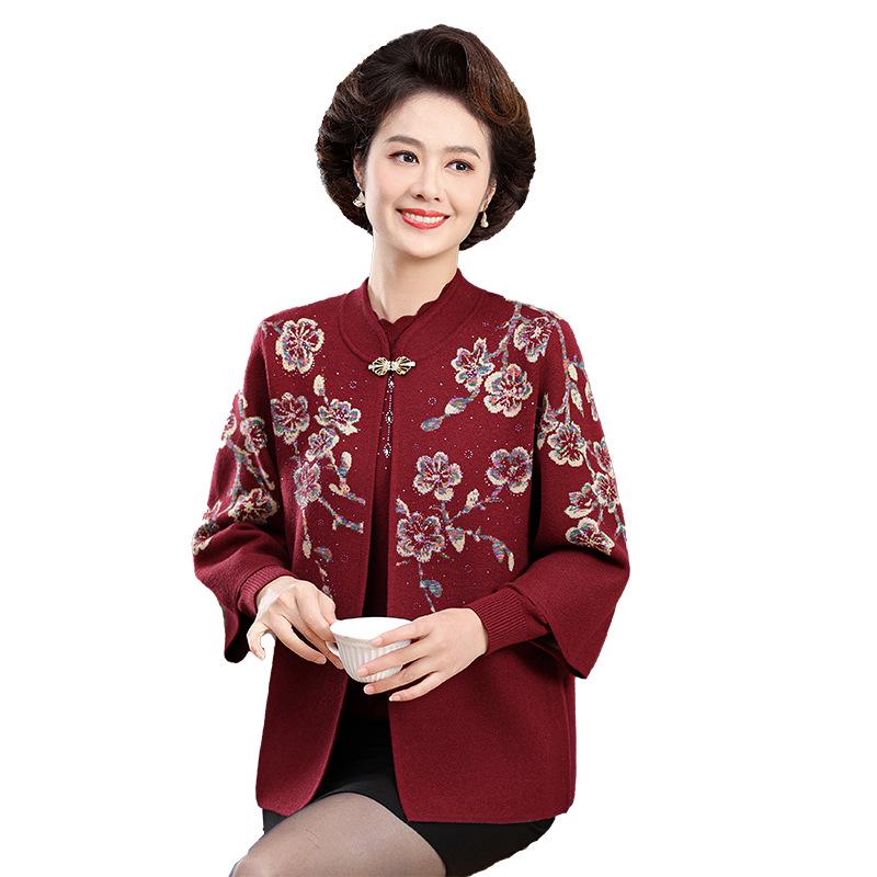 Mother-in-law Style Autumn Knit Cardigan Set for Middle-aged and Elderly Women