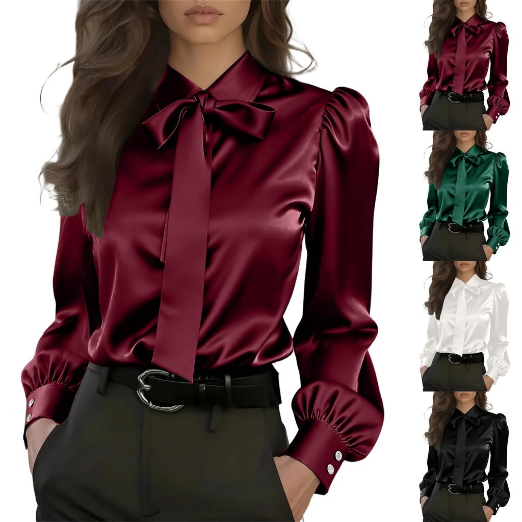 Damen Langarm Satinbluse mit Schleife