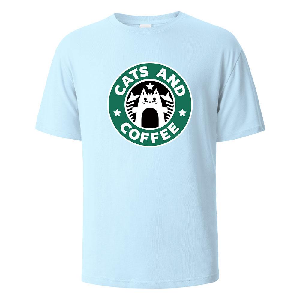 Cats And Coffee Street Funny TShirt For Men Fashion Casual Loose Cotton Clothing Crewneck Breathable Tshirt Hip Hop Tees