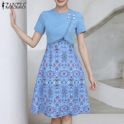 Women Casual Round Neck Short Sleeve Retro Print Patchwork Dress