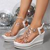 Rhinestone Wedge Sandals Women's Summer Rhinestone Flower Decoration Platform High Heel Large Size Fashion Fairy Shoes Muffin Shoes