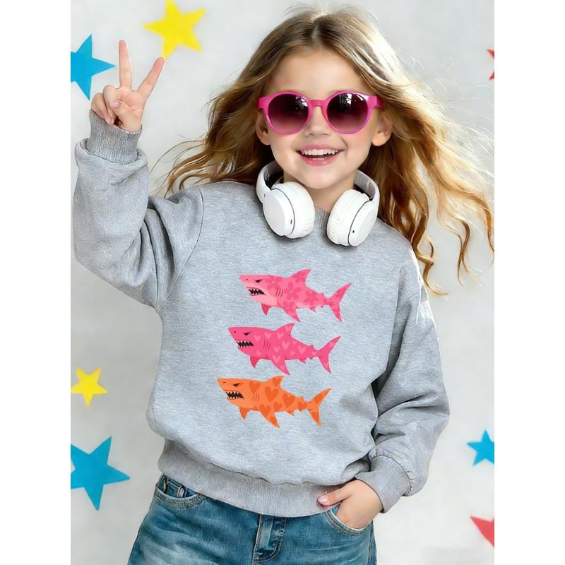 Kids Unisex Crewneck Sweatshirt, Cute Pink Orange Heart Floral Shark Cartoon Print Soft Fleece Pullover For Kids Over 4 Years Old