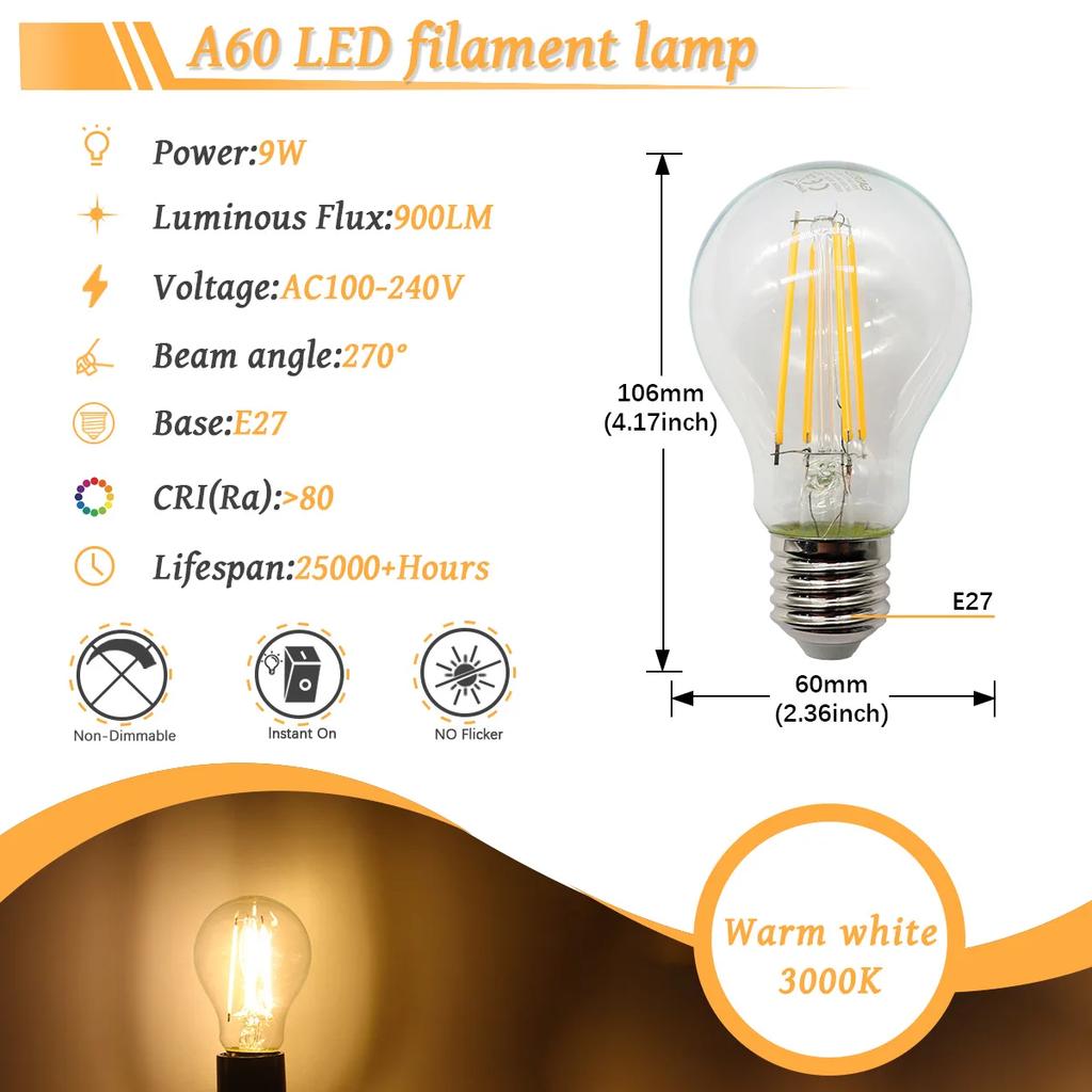 6PCS LED Filament Light Bulb Retro Edison E27 E14 B22 4000K 2700K 220V A60 G45 C37 Vintage Ampoule Incandescent Bulb Edison Lamp