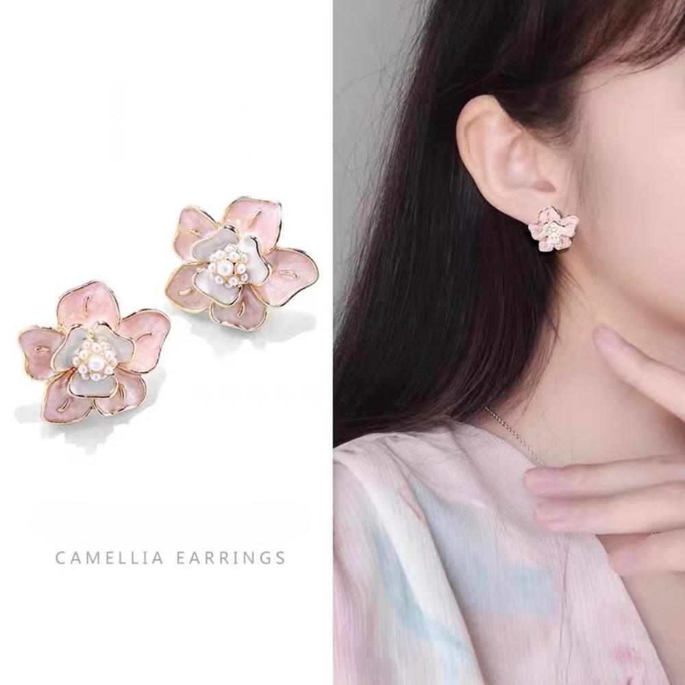 Brincos de Tarraxa Flor de Cerejeira Camélia de Luxo para Mulheres Vintage Elegante Pérola Design Único Inspirado na Natureza Chique Estilo Francês