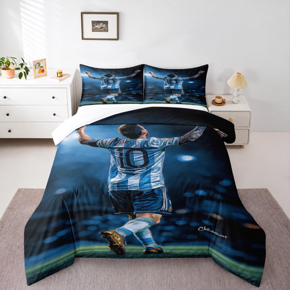 3 Piece Bedding Set 1 Duvet Cover 2 Pillowcases - Lionel Messi Argentina Back Celebration Night Print - Blue Black Soccer Decor for Fans