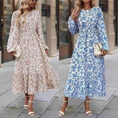 Women Summer Casual Floral Print Long Sleeve O-Neck A-Line Dress High Waist Elastic Loose Ankle-Length Spring Dresses
