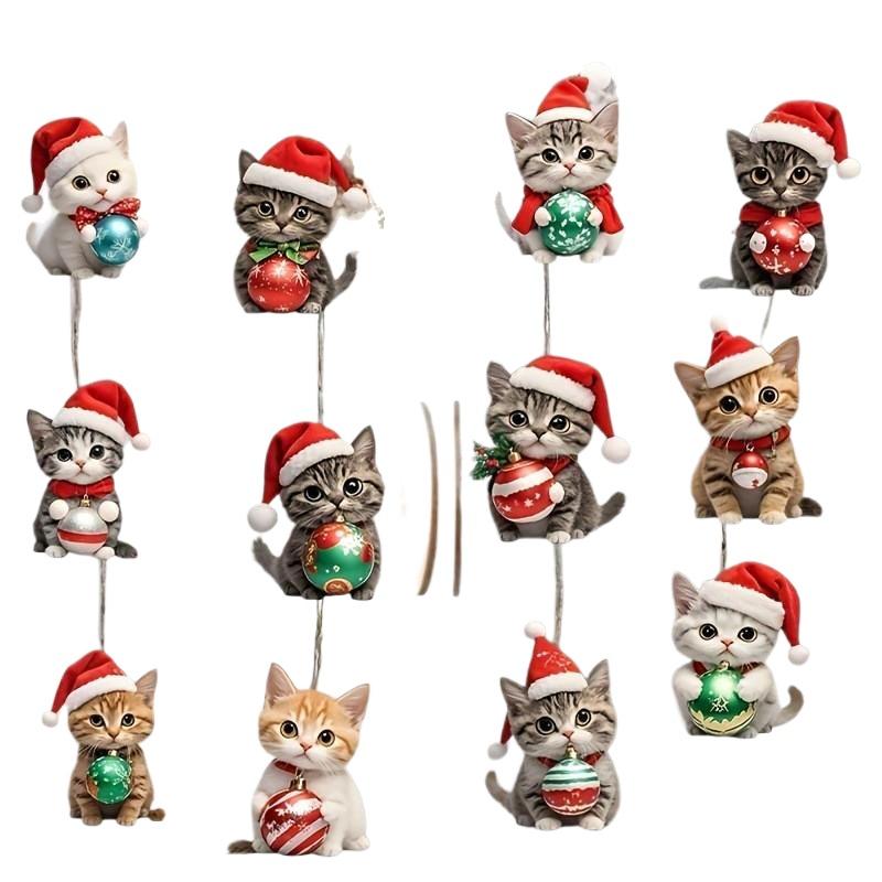 

12Pcs Cartoon 2D Flat Christmas Cat Wooden Pendant - Tree Hanging Ornament, New Year Party Home Festive Decoration Supplies