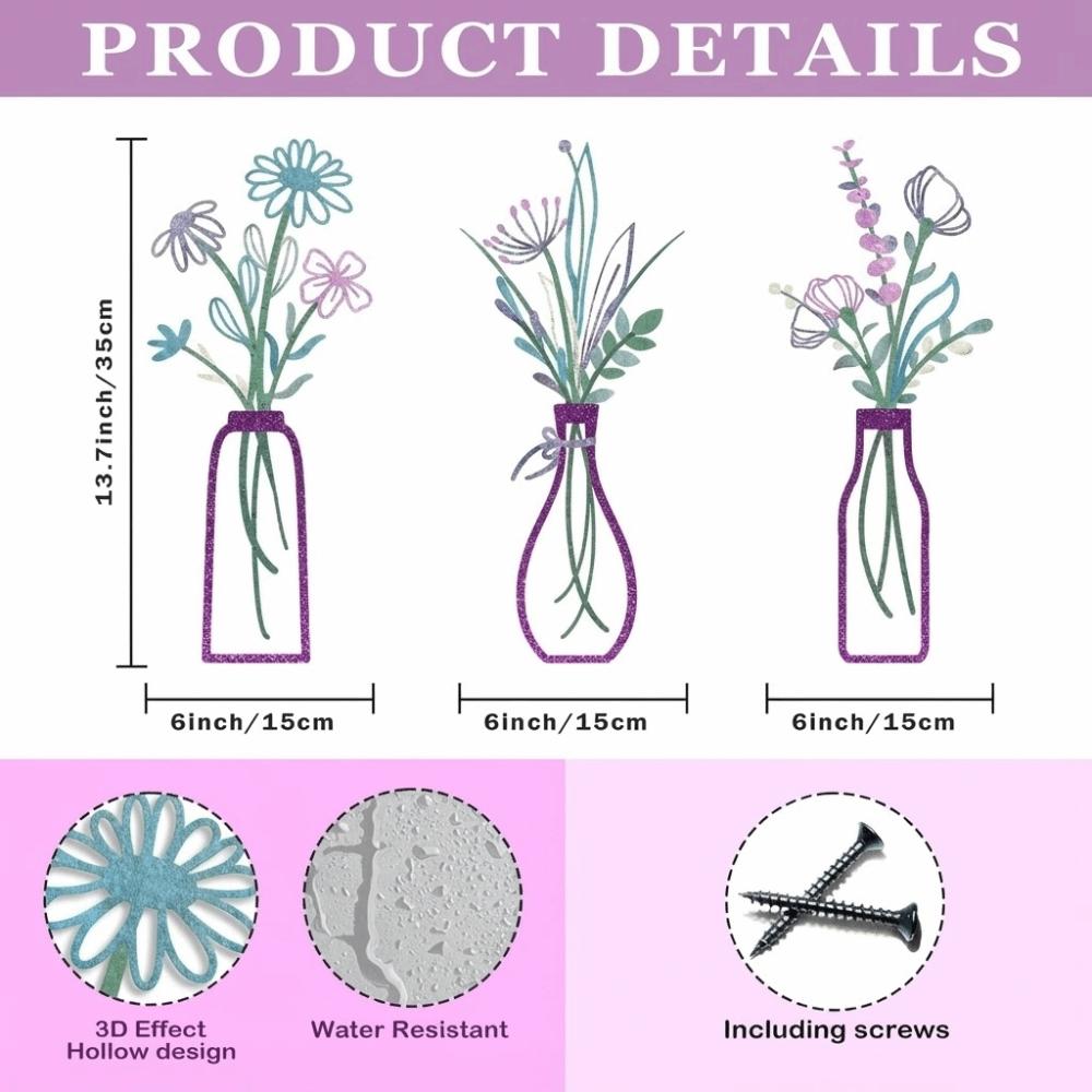 3 Pieces Set Vase Design Floral Decor 3D Wall Stickers Wall Decor Metal Flowers Wall Art  Bathroom