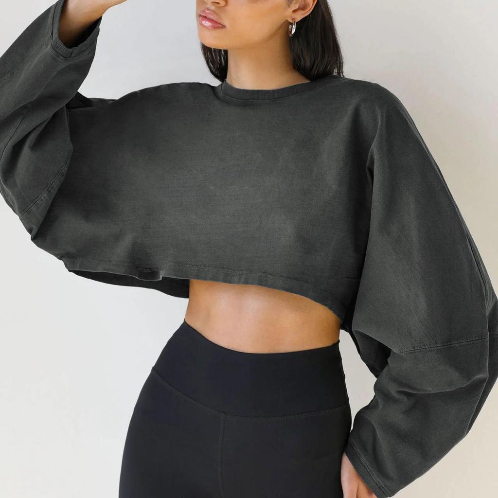 Round Neck Hoodie Women's Short Pullover Solid Sports Base Shirt Knitted T Shirt Loose Oversized Long Sleeve Top