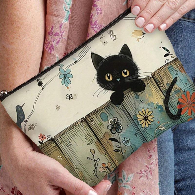 Astuccio con Cerniera Floreale Gatto Nero - Resistente, Anti-Sbiadimento Borsa per Cosmetici, Regalo per Sorelle, Amici, Amanti dei Gatti | Design Vivace