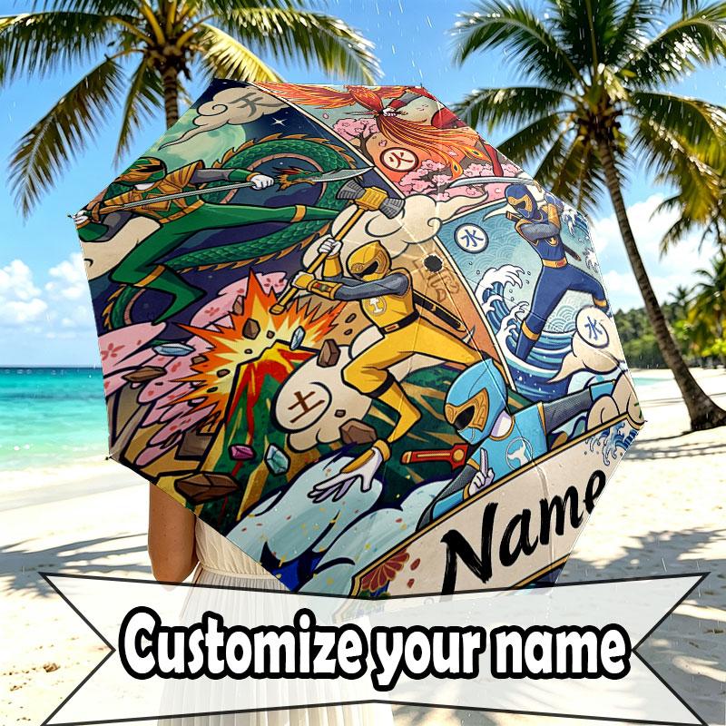 Custom Name Personalized Power Rangers Print Umbrella, Auto Open Close, 8‑Rib Sturdy Frame, Commute Camping Hiking Use, Birthday Gift