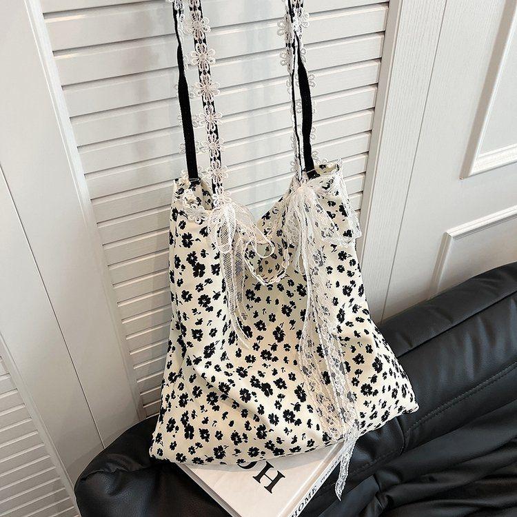 

Fairycore Aesthetic Black Shoulder Bag Women Hot Girls Lace Large Capacity Canvas Handbag Female Retro Canvas Underarm Bag Y2k