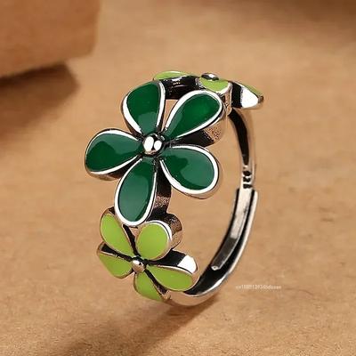 Anillo de Flor Verde Color Plata Hoja Coreana Rosa Goteo de Aceite Anillos Abiertos para Dedos para Mujeres Niña Joyería Regalo Encanto Accesorios de Moda