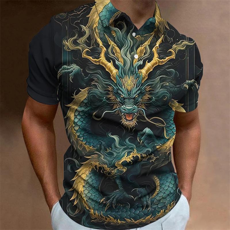 Animal Pattern Polo Shirt for Men Dragon 3D Print Tees Summer Casual Short Sleeved Top Loose Oversized O-Neck Lapel T-Shirts