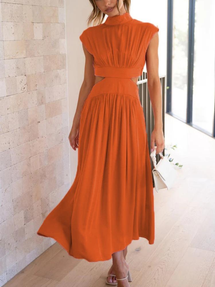 

Женские элегантные платья, летнее модное повседневное однотонное платье без рукавов с открытой спиной, женское сексуальное плиссированное длинное платье с вырезом XL оранжевый