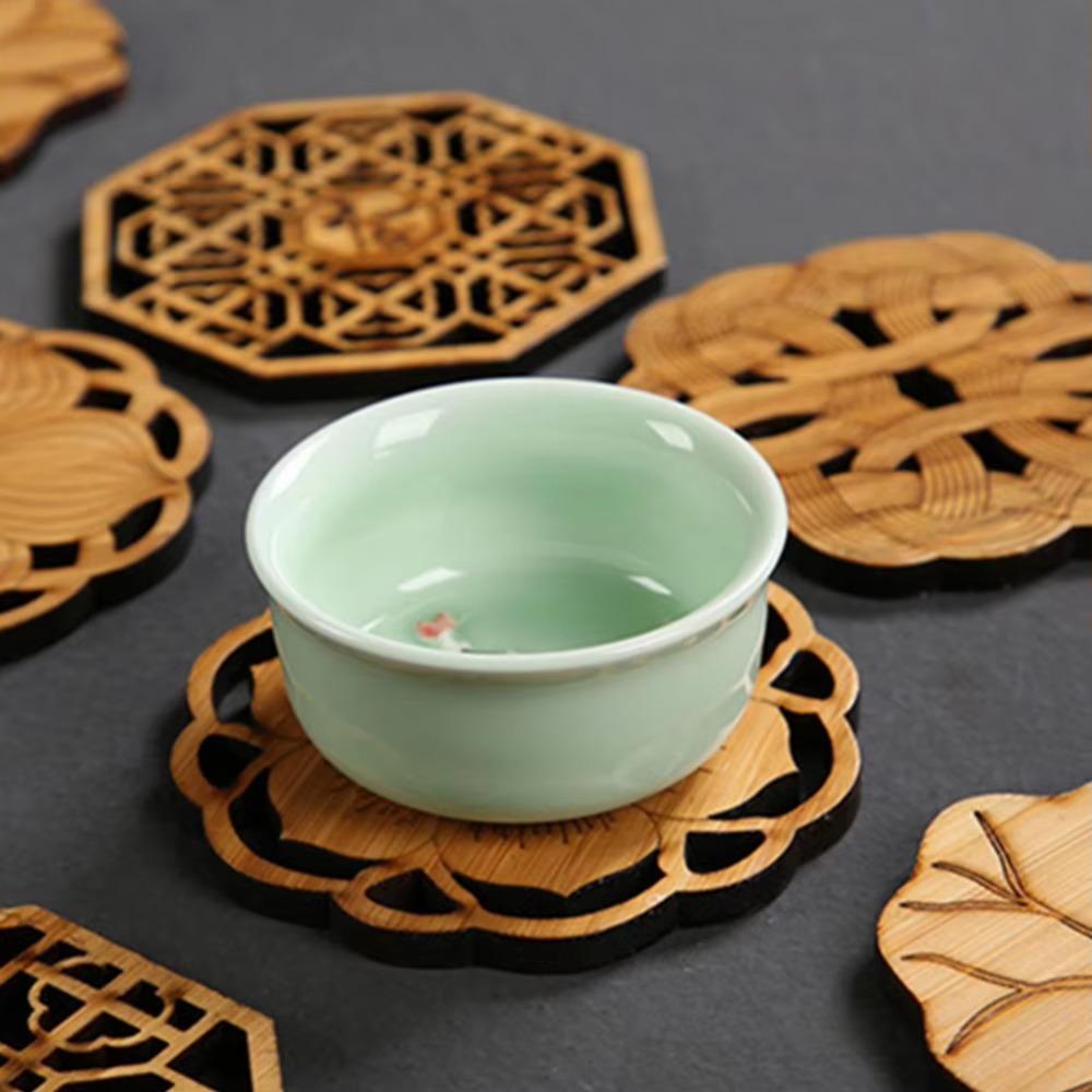 6Pcs/Set Chinese Style Wooden Round Cup Mat Lotus Flower Tea Cups Coaster  Home Decoration