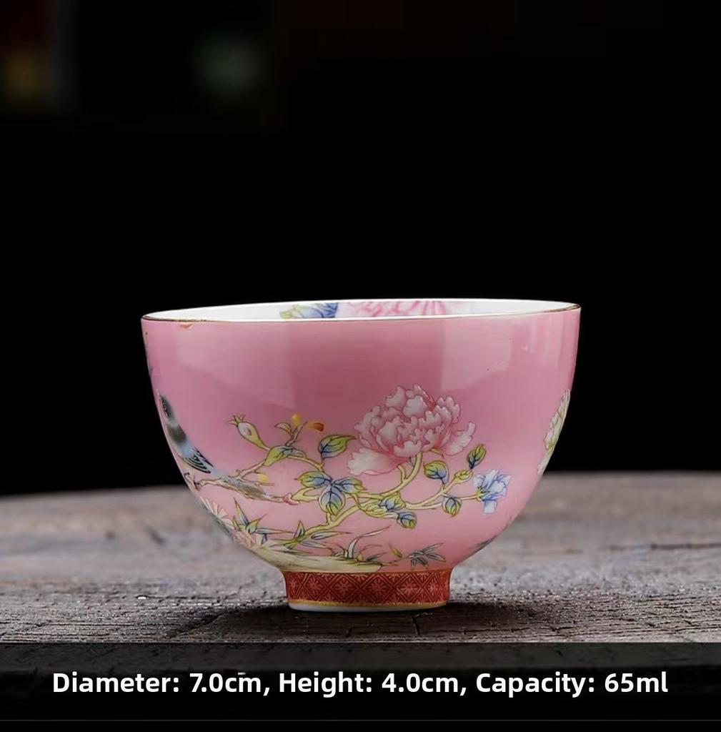 Enamel Color Ceramic Tea Cup Gongfu Tea Set Home Use Drinking Cup Style Peony Handmade Craft High Temperature Glaze