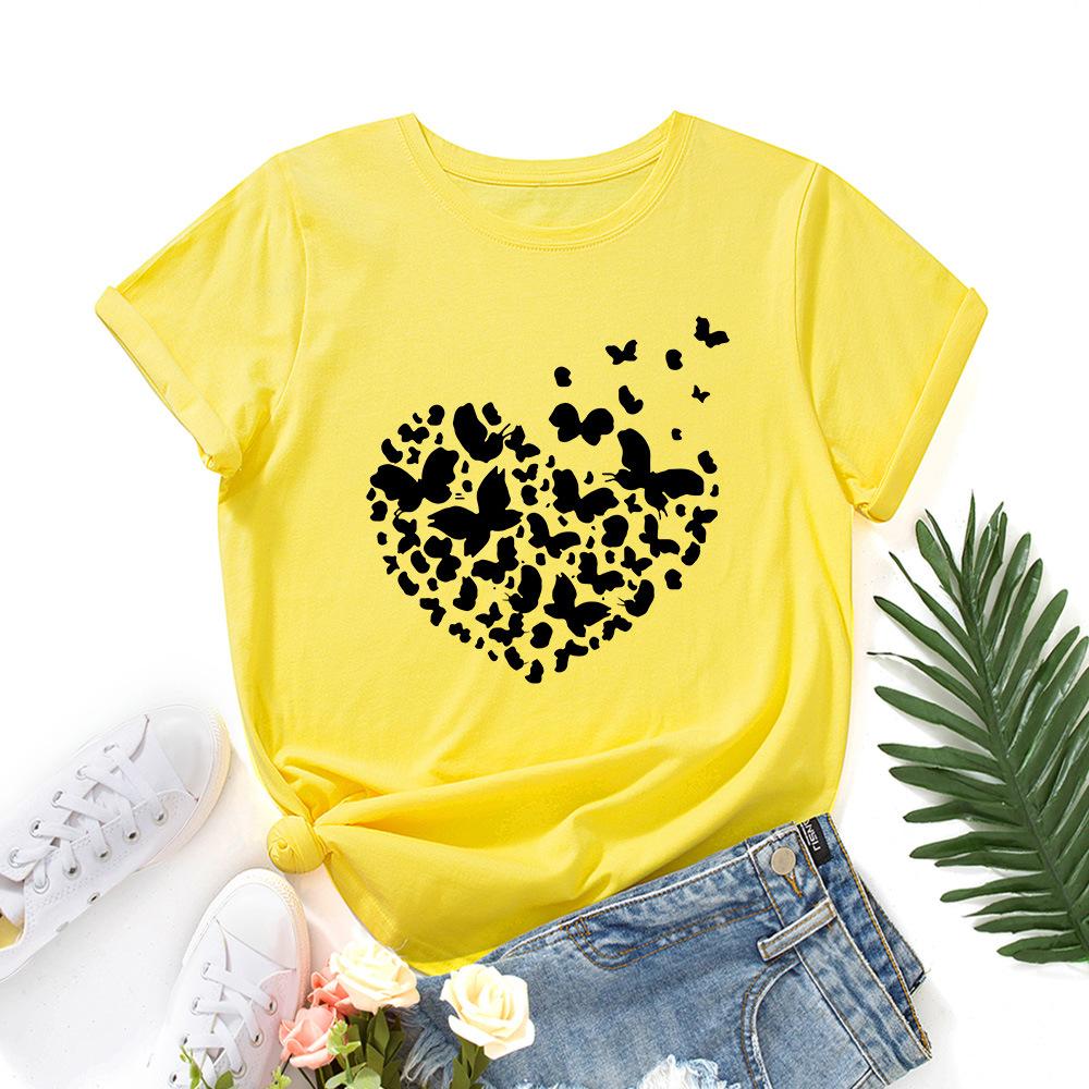 Baumwoll-T-Shirt Kurzarm Rundhals Damen 2D-Druck Tops