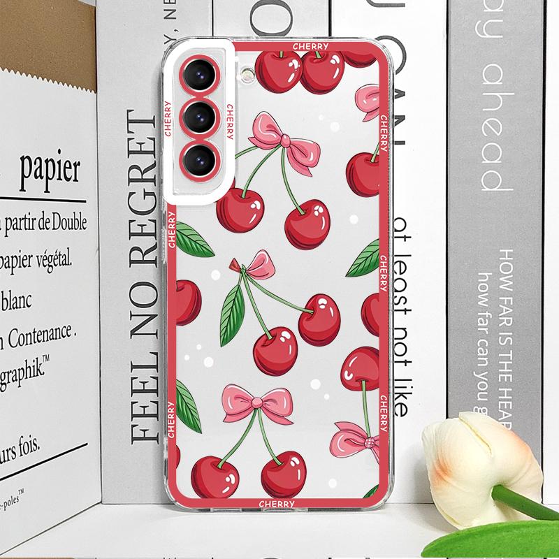 Stylish Butterfly Flower Red Cherry Phone Case for Samsung Galaxy S25 S25FE S24+ S23 Ultra S22 S21 S20 Plus S24 FE 5G Soft Cover