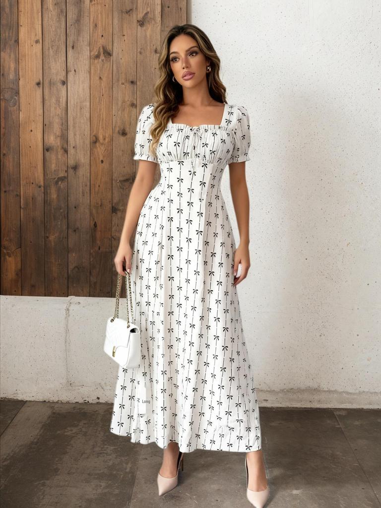 2026 Women's Summer Floral Print Puff Sleeve Square Neck Dress - French Style Holiday Tea Party Skirt