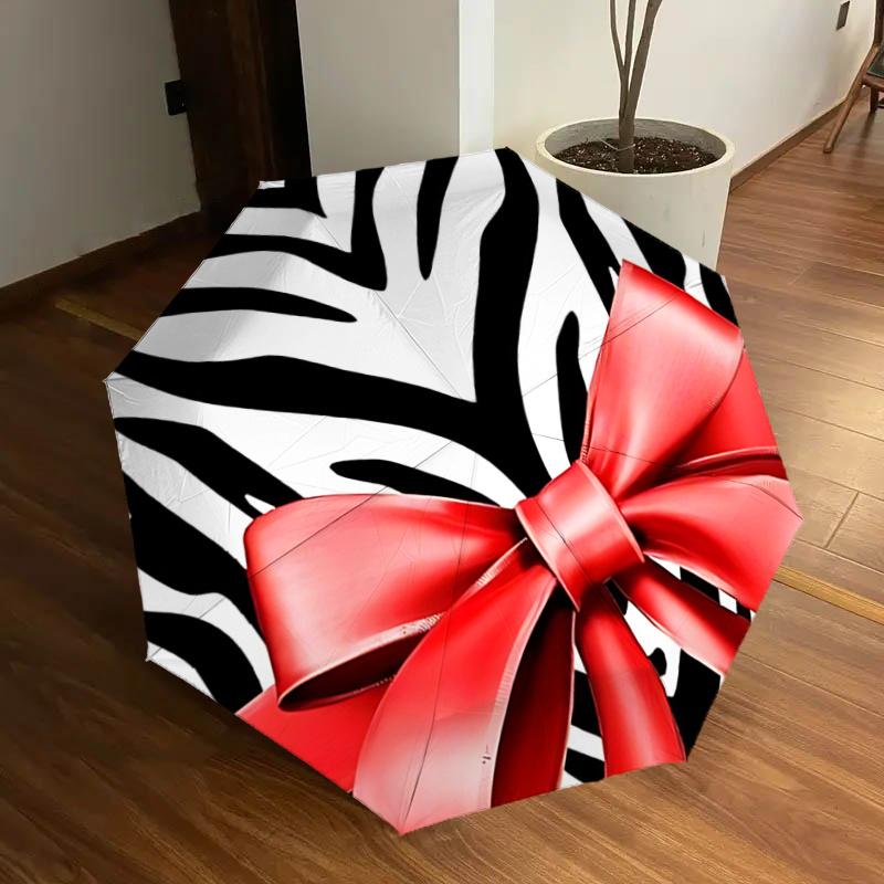 

Zebra Print Automatic Opening Rain Umbrella with Red Bow - Portable Folding Design, 8-Rib Iron Frame, Outdoor Use, Festive Gift for Fans, Tr