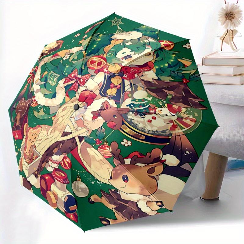 1pc Christmas Fantasy Fully Automatic Folding Portable Umbrella, 8 Iron Frames, Three-Fold Design, Suitable for All Seasons, Suitable for Outdoor Use.
