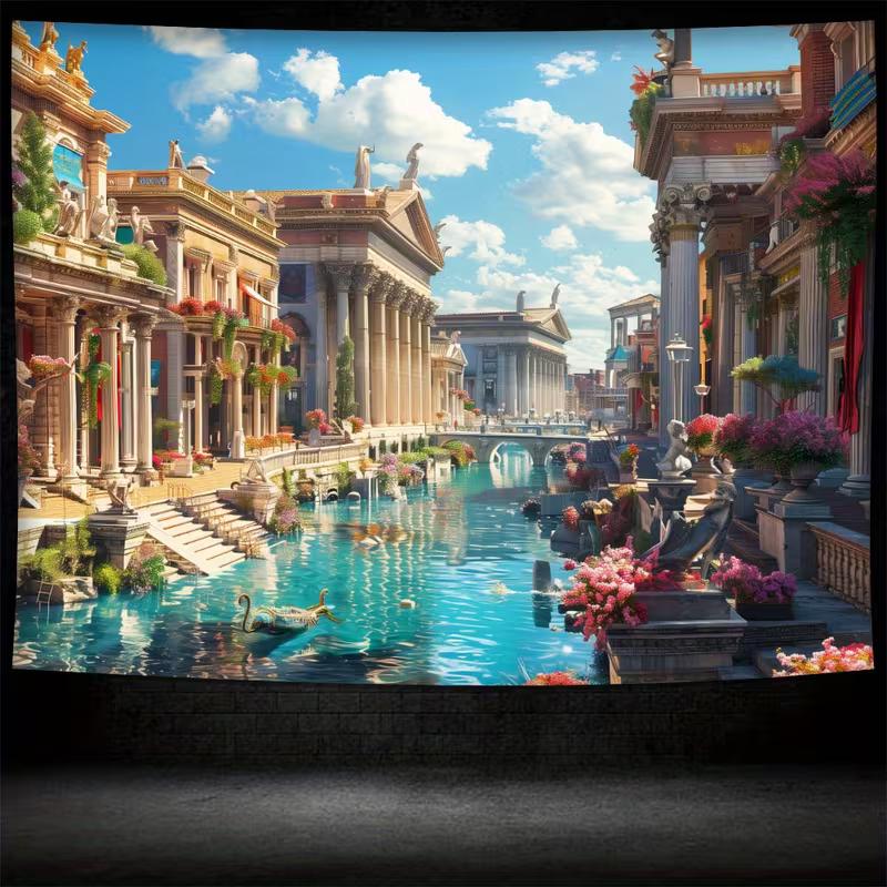 2D Fantasy Venice Style City Tapestry Ancient Roman Architecture with Water Canal Wall Decor Cloth for Home & Bedroom