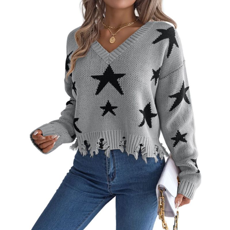 Women s V-Neck Star-Print Sweater Ragged Hem Style Long Sleeves Knitted Pullover S 1990₽