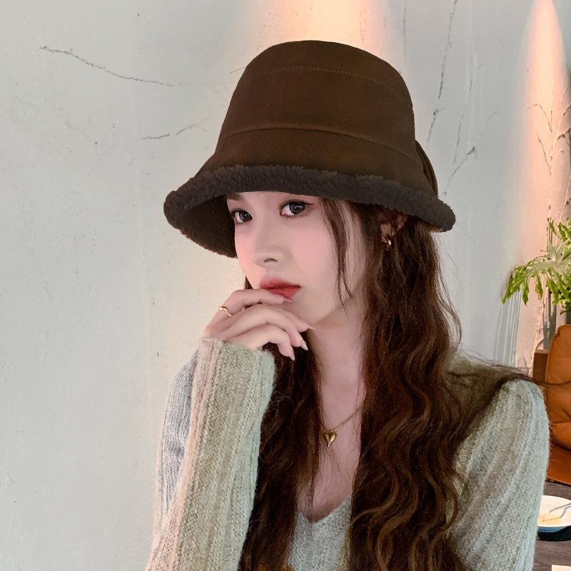 Hat female bow imitation lamb wool bucket hat autumn and winter thickened plush warm casual versatile basin hat tide