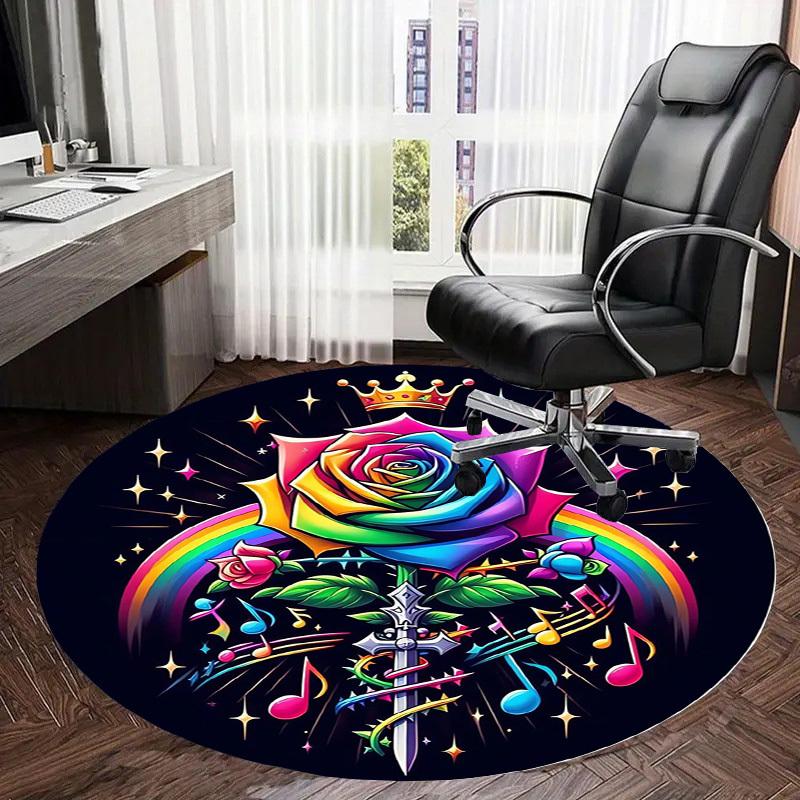 1pc Office Carpet Chair Mats Rainbow Rose with Crown and Music Notes Perfect for Decorating Office Chairs, Living Rooms, Or Bedrooms