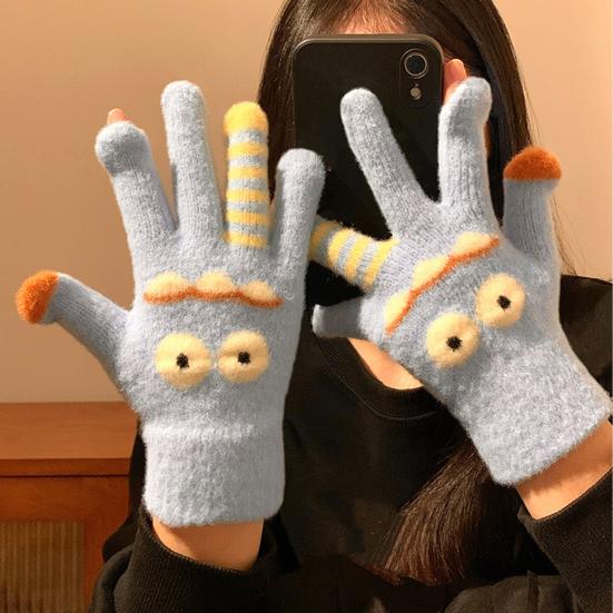 1 Pair Knitted Gloves Flexible Five-finger Thickened Winter Gloves Touch Screen Cute Big Mouth Warm Gloves Student Gloves for Cold Weather