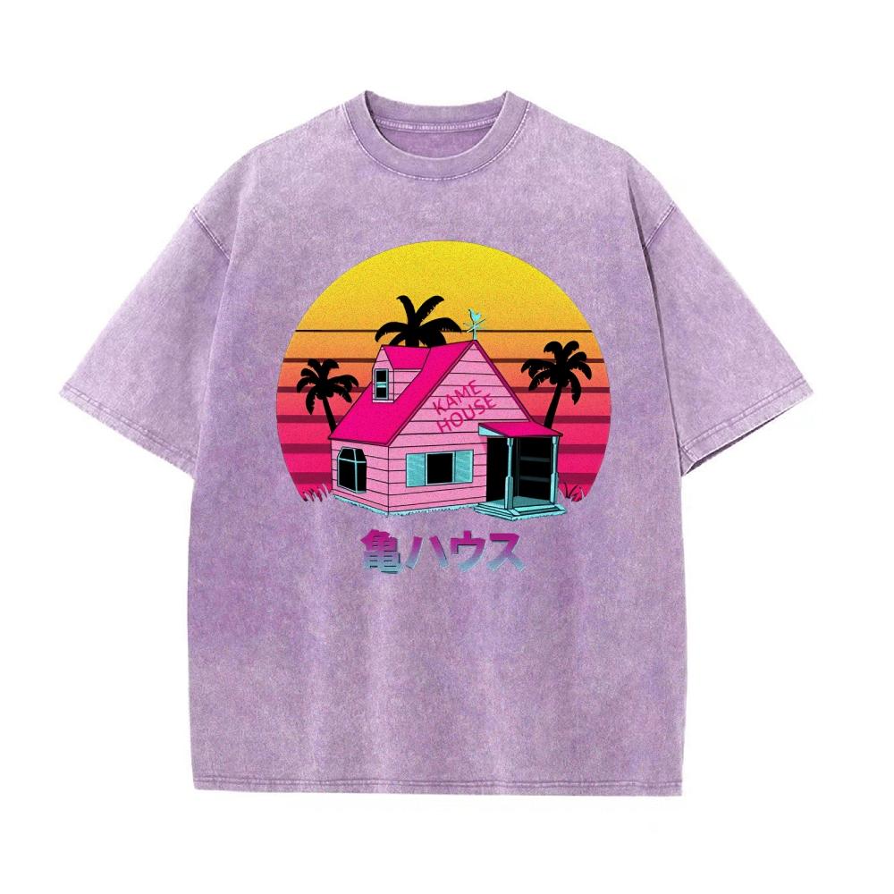 Cartoon Anime Style Sunset Print Women's T-Shirt Loose Wash Oversized Fashion Short Sleeve Cotton American Retro Street Tee