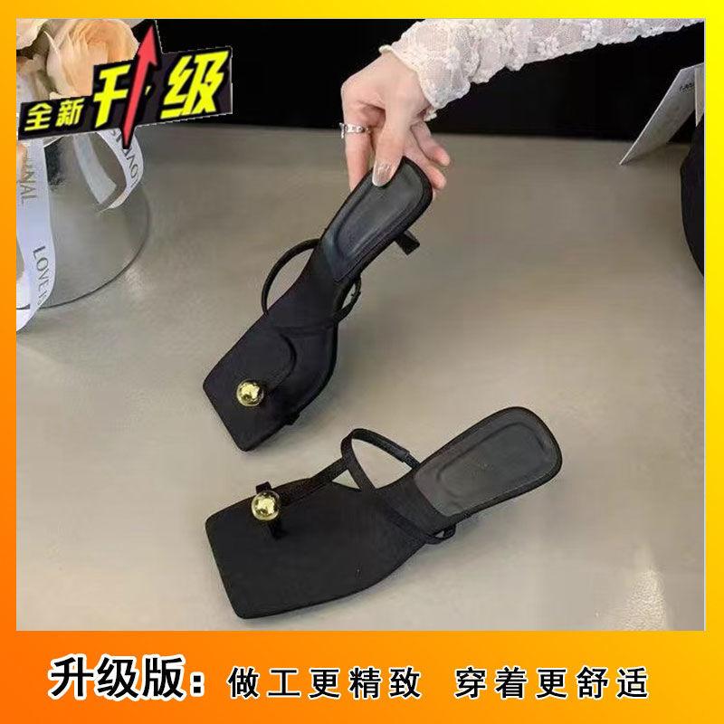 2025 summer pearl decorative toe slippers women's thin heel square head cover toe Roman sandals holiday style T-shaped high heels