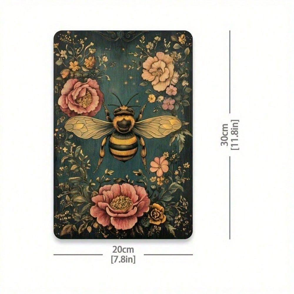 Vintage Floral Bee Gold Dark Green Metal Poster Wall Art for Garage