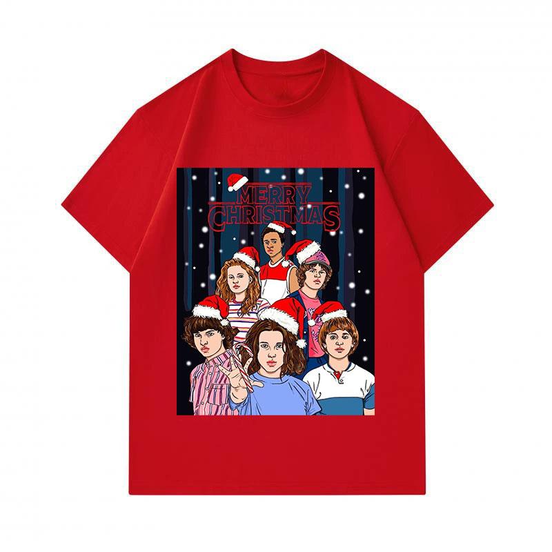 Men's 100% Cotton Crew Neck Short Sleeve T-Shirt, Funny Stranger Themed Christmas Graphic Tee with Santa Hat Xmas Pattern, Casual Soft Daily Wear Tops