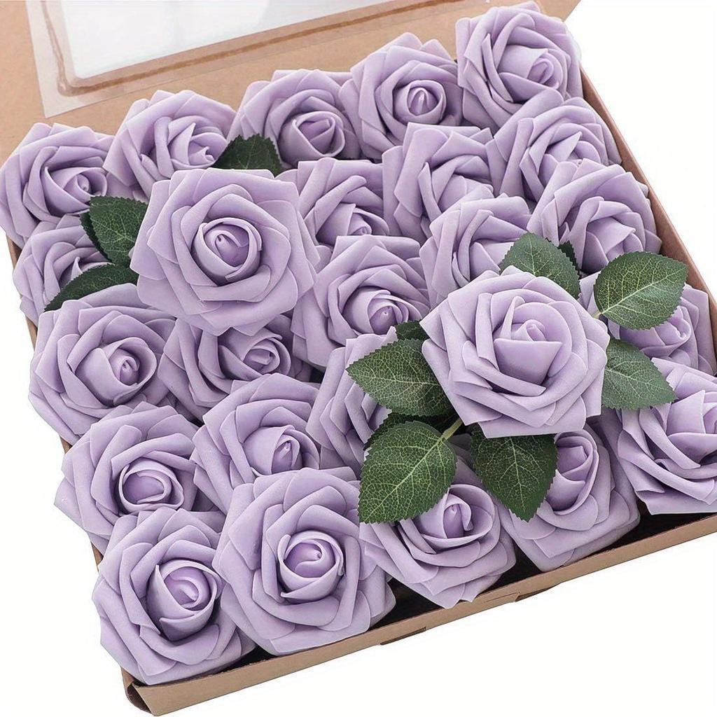 25Pcs Gift Box Foam Pe 3.15 Inch Rose Flower with Stem Simulation Artificial Flower