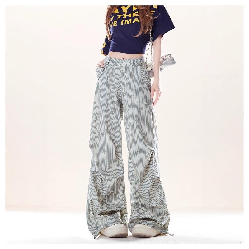 Summer Casual Pleated Striped Stars Full Print Overalls Women's Wide Leg Mopping Belt Dancing Pants