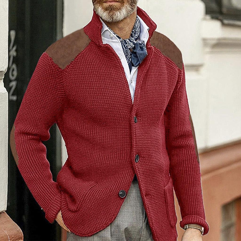 Men's Cardigan Color-Blocked Slim-Fit Stand-Collar Long-Sleeve Knitted Outerwear