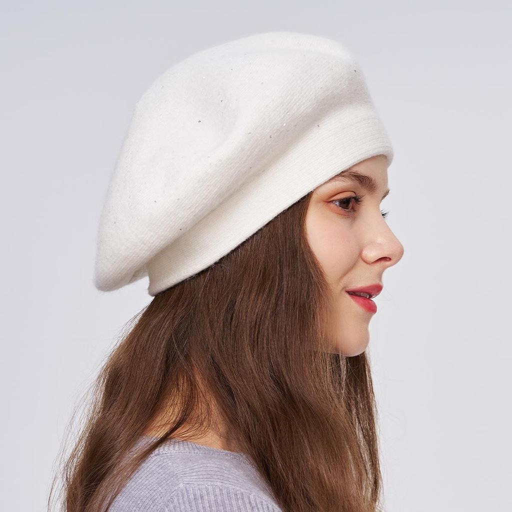A Women's Beret Knitted Woolen Hat with Autumn and Winter Thick Ear Protection Wool Hat and Shiny Diamond Decoration