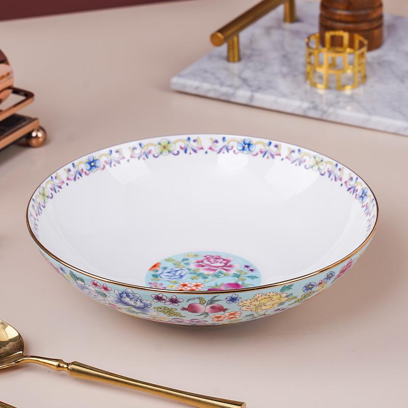 1 szt. Pałacowe stylowe emaliowane naczynia ceramiczne miski 8 cali, złote obramowanie retro miski miski na makaron do kuchni restauracyjnej