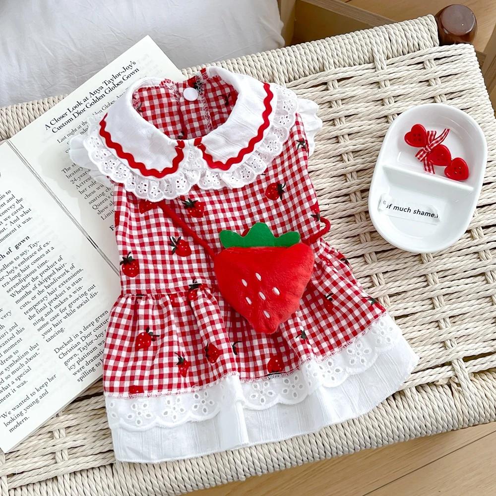 Summer Spring Plaid Strawberry Dress for Female Dogs Cute Puppy Pet Cat Apparel Clothes for Small Medium Yorkie Chihuahua Pugs