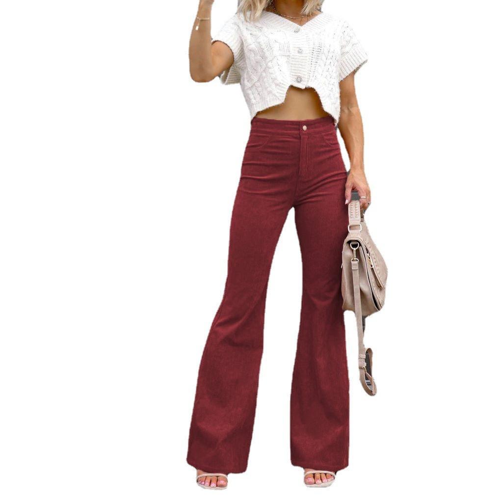 Women's Winter High Waisted Flared Corduroy Pants Solid Color Elegant Stretchy Slim Fit Casual Warm Full Length Bell Bottom Trousers
